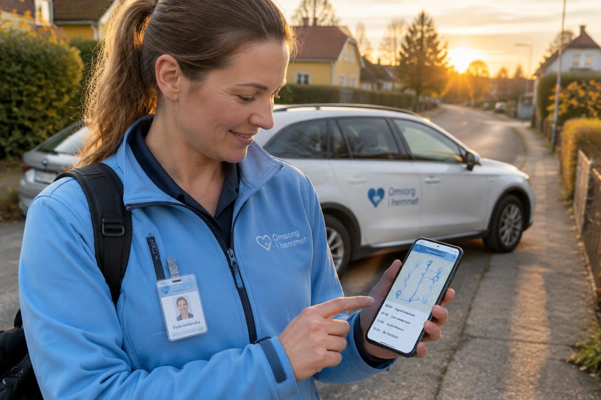 Vårdpersonal med mobilen och dagens rutt