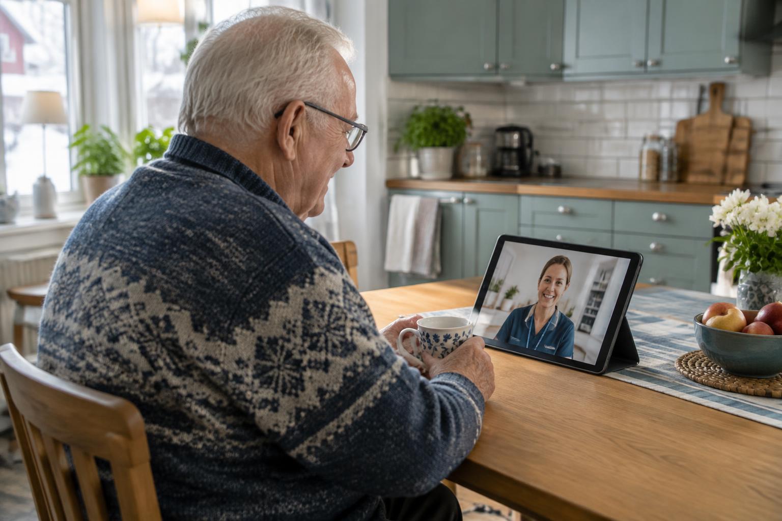 Brukare i videosamtal med hemtjänstkontoret