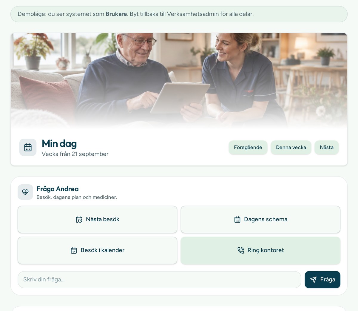Skärmbild från livo.health: brukarens vy med dagens besök och assistenten Andrea